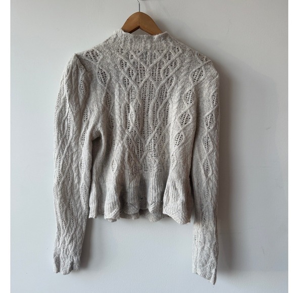 EXPRESS Mock Neck Cable Knit Sweater Light Gray Long Sleeve Peplum Women's L - Picture 2 of 5